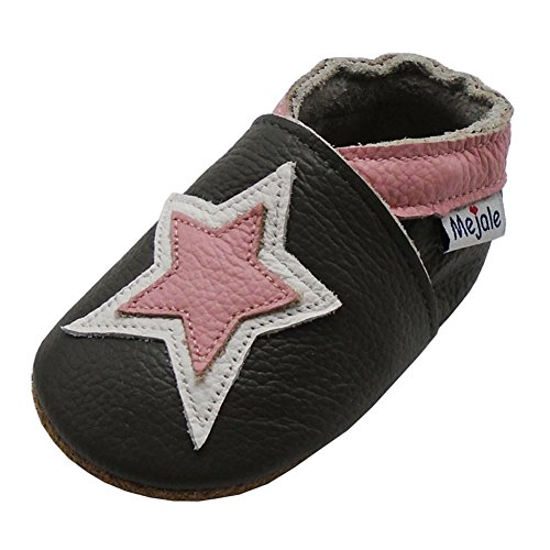 Mejale Hausschuhe für Kinder, Baby, Leder, weich, für die ersten Schuhe, Cartoon-Design, Sterne, - Dunkelgrau, Stern Fuchsia - Größe: 6-12 mois von Mejale