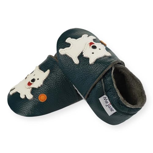 Mejale Krabbelschuhe Baby Lauflernschuhe Jungen Weiche Leder Babyschuhe Kleinkind Lederschuhe Mädchen Dunkelgrün Hund Babyhausschuhe 21/22 EU,L von Mejale