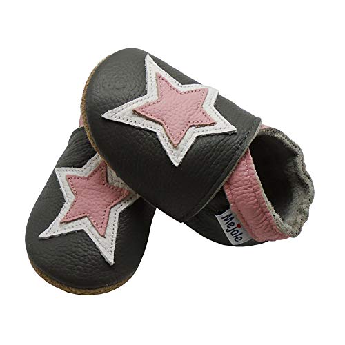 Mejale Lederschuhe Kinder Krabbelschuhe Baby Junge Mädchen Hausschuhe Weicher Leder Babyhausschuhe(24-36 Monate, Dunkelgrau, Rosa Sterne, XXL) von Mejale