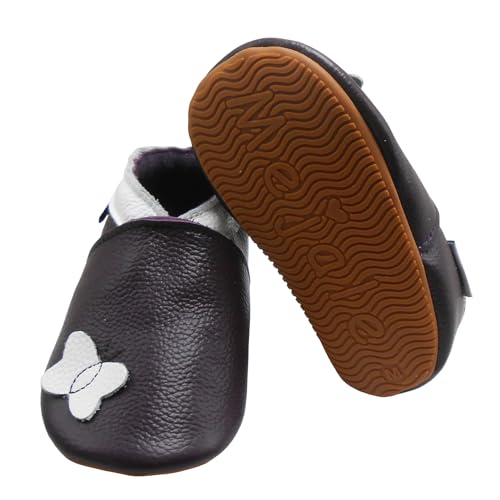 Mejale Weiche Leder Krabbelschuhe Babyschuhe Kleinkind Babyhausschuhe Rutschfesten Gummisohlen(Lila, Schmetterling,18-24 Monat,XL) von Mejale