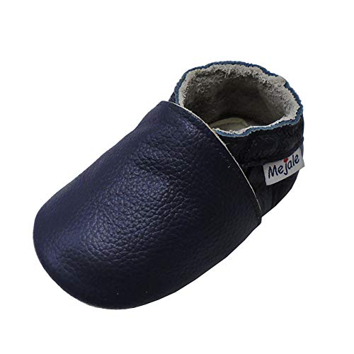 Mejale Premium Weiche Leder Lauflernschuhe Krabbelschuhe Babyschuhe Mokassin(Marineblau,0-6 Monate,S) von Mejale