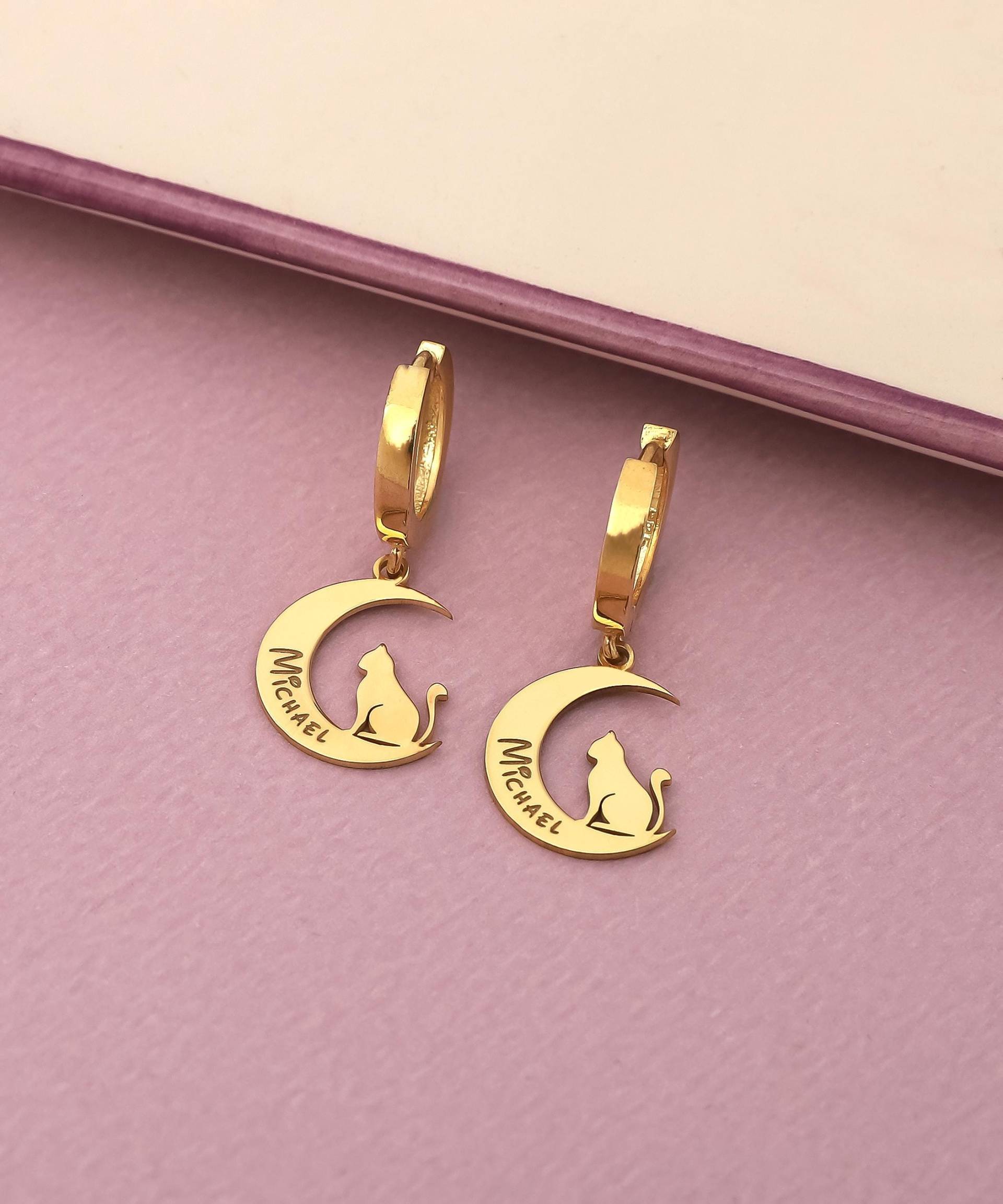 Personalisierte Katze Mond Ohrringe 925 Sterling Silber, 14K Vergoldet von MekaSilverJewelry