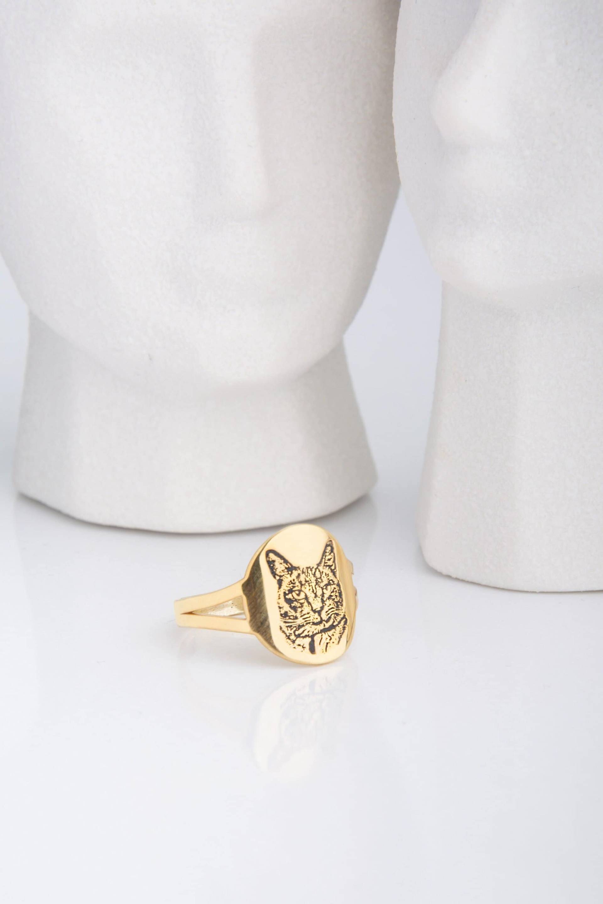 Personalisierter Haustier Portrait Ring 925 Silber, 14K Vergoldet, Katzen/Hundeschmuck von MekaSilverJewelry