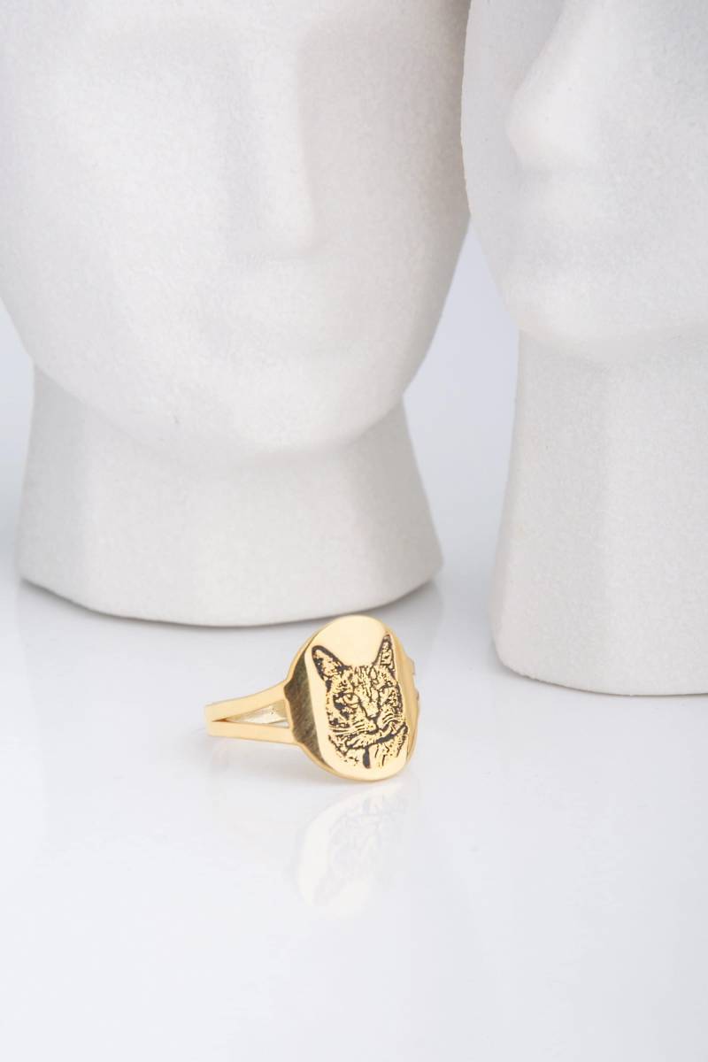 Personalisierter Haustier Portrait Ring 925 Silber, 14K Vergoldet, Katzen/Hundeschmuck von MekaSilverJewelry