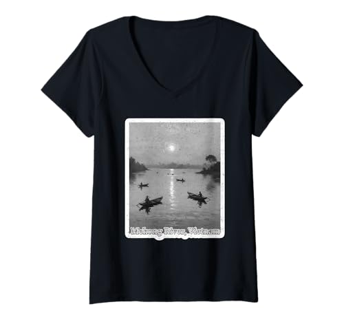 Damen Reisekunstwerk am Mekong bei Sonnenuntergang in Vietnam T-Shirt mit V-Ausschnitt Damen Reisekunstwerk am Mekong bei Sonnenuntergang in Vietnam T-Shirt mit V-Ausschnitt von Mekong Culture Collection
