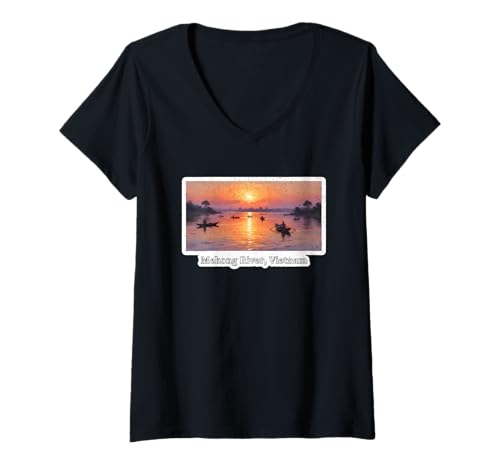 Damen Reisekunstwerk am Mekong bei Sonnenuntergang in Vietnam T-Shirt mit V-Ausschnitt Damen Reisekunstwerk am Mekong bei Sonnenuntergang in Vietnam T-Shirt mit V-Ausschnitt von Mekong Culture Collection