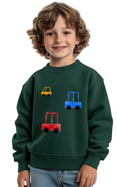 Meladi Kinder Sweater aus Biobaumwolle - Autos auf Forrest Green von MelaDi