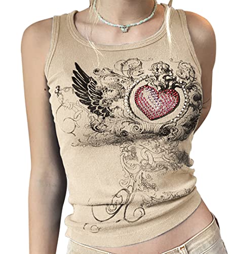 Meladyan Ärmelloses bauchfreies Tanktop für Damen, Herzform, Strass, gerippt, 90er-Jahre, E-Girl, Gothic-Weste, aprikose, Groß von Meladyan