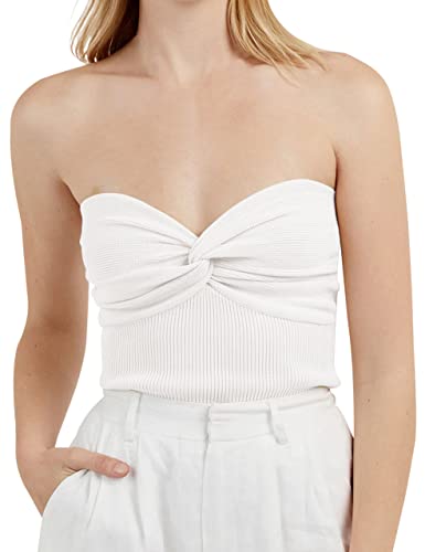 Meladyan Damen-Bandeau-Top mit gedrehtem Knoten, gestrickt, Y2K, sexy, trägerlos, ärmellos, schmale Passform, bauchfreies Tanktop, Weiß, Klein von Meladyan