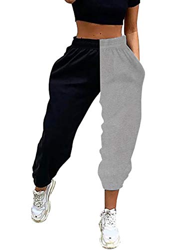 Meladyan Damen Elastische Jogginghose mit hoher Taille Baggy Pants Farbblock Sweatpants mit Taschen, Schwarz / Grau, M von Meladyan