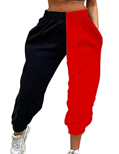 Meladyan Damen Elastische Jogginghose mit hoher Taille Baggy Pants Farbblock Sweatpants mit Taschen, schwarz/rot, X-Groß von Meladyan