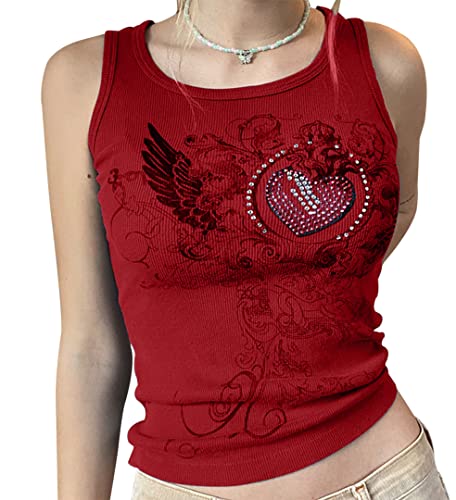 Meladyan Damen Herz Strass Grafik Druck Ärmellos Crop Tank Gerippt Fairy Grunge 90er Jahre E-Girl Gothic Weste Shirt Top, Rot/Ausflug, einfarbig (Getaway Solids), Klein von Meladyan