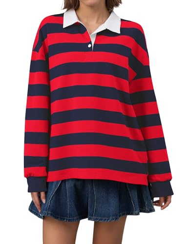 Meladyan Damen Oversized Gestreiftes Polo-Sweatshirt Langarm V-Ausschnitt Revers Kragen Poloshirts 2024 Herbst Pullover Tops, Rot/Blau, Groß von Meladyan