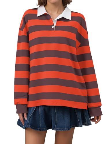 Meladyan Rugby-Shirt für Damen, Poloshirt, gestreift, Sweatshirt, Übergröße, langärmelig, Revers, V-Ausschnitt, Pullover, Top, Y2K, Streetwear-Blusen, Orangenbraun, Klein von Meladyan