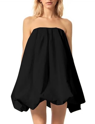 Meladyan Damen Polka Dot Bubble Minikleid Trägerlos Rückenfrei Loose Fit Tube Kleid Elegant Plissee Elastisch Strandkleid, Schwarz, Groß von Meladyan
