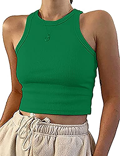 Meladyan Damen Rundhals Basic Racerback Camisole Rippstrick Solid Ärmellos Crop Tank Tops, Grün , Mittel von Meladyan