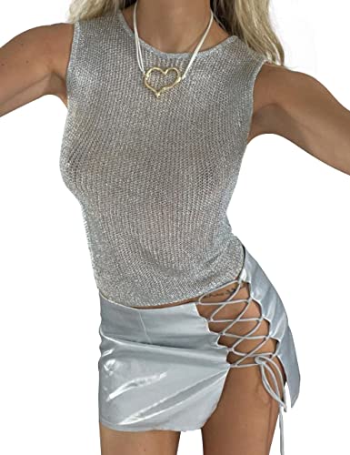 Meladyan Damen Sexy Fischnetz-Strick, glitzernd, bauchfreies Tanktop, durchscheinendes Netzgewebe, ärmellos, Rundhalsausschnitt, einfarbig, schmal, silber, Mittel von Meladyan