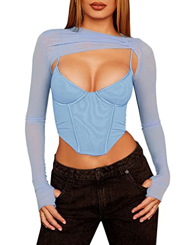 Meladyan Damen Sexy Langarm Mesh Crop Top Solid Cover Up Spaghettiträger Slim Fit Korsett Cami 2 Stück Clubwear, Himmelblau, Mittel von Meladyan