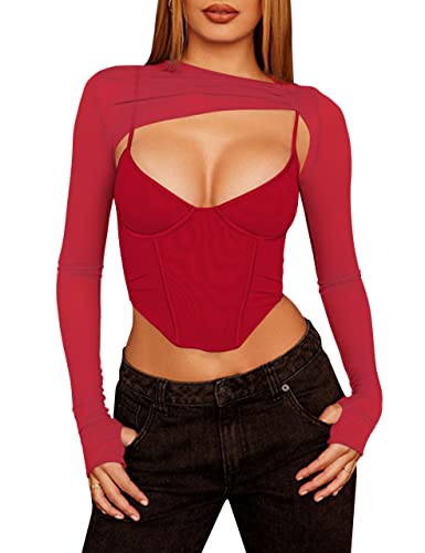 Meladyan Damen Sexy Langarm Mesh Crop Top Solid Cover Up Spaghettiträger Slim Fit Korsett Cami 2 Stück Clubwear, Rot/Ausflug, einfarbig (Getaway Solids), Mittel von Meladyan