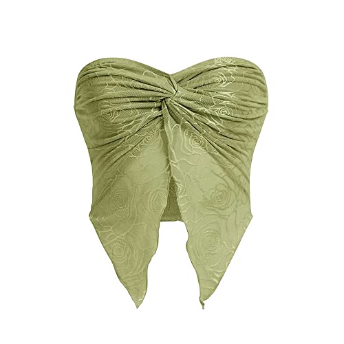 Meladyan Damen Twist Knoten vorne Split Stickerei Spitze Crop Tube Tops Geraffte Sheer Mesh Trägerlos Solide Crop Bandeau Tank Top, Grün , Mittel von Meladyan