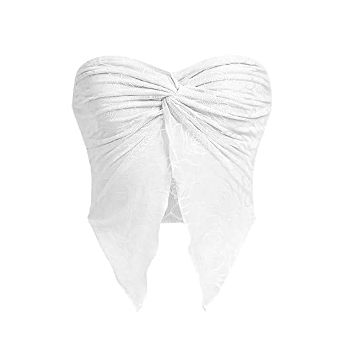 Meladyan Damen Twist Knoten vorne Split Stickerei Spitze Crop Tube Tops Geraffte Sheer Mesh Trägerlos Solide Crop Bandeau Tank Top, Weiss/opulenter Garten, Mittel von Meladyan