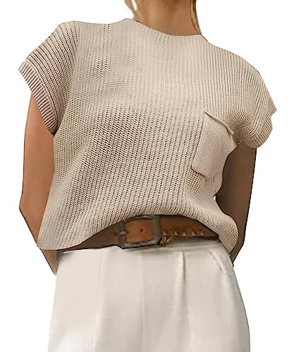 Meladyan Damen Vintage Ärmellos Stehkragen Strickpullover Weste Flügelärmel Loose Fit Trendy Casual Tank Top mit Fronttasche, aprikose, Groß von Meladyan