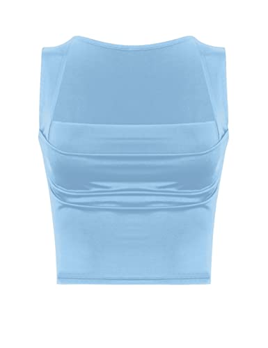 Meladyan Frauen Sexy Plissee Geraffte Crop Tank Top Blau Square Neck Strappy Sleeve Cropped Weste Cami Shirt Clubwear, Himmelblau, Klein von Meladyan