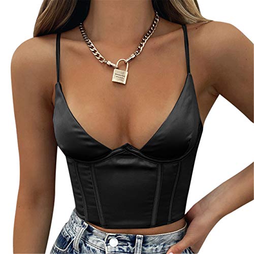 Meladyan Sexy Damen-Korsett mit Spaghettiträgern, Satin, V-Ausschnitt, ärmellos, bauchfrei, Bustier, schmale Passform, Clubwear, bauchfreies Camis-Top, Schwarz, Klein von Meladyan