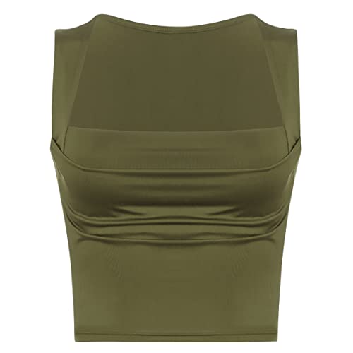 Meladyan Sexy Damen-Tanktop, plissiert, gerüscht, bauchfrei, quadratischer Ausschnitt, Trägerärmel, bauchfreies Unterhemd, Clubwear, Grün (Army Green), Klein von Meladyan