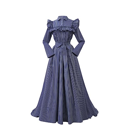 MelangCos Blaues gestreiftes Vintage-Rüschenkleid für Damen, Kolonial-Pionier-Kostüm, Blauer Streifen, X-Groß von MelangCos