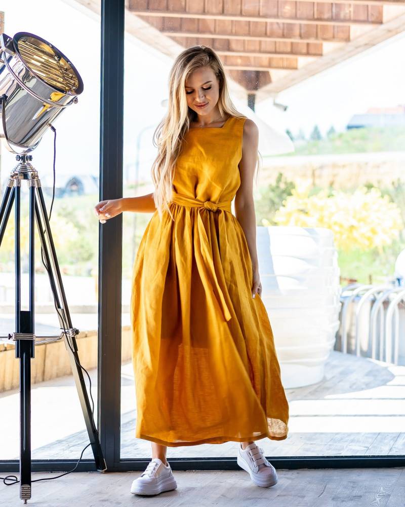 Leinenkleid, Schlichtes Sommer-Leinenkleid, Leinenkleid Mit Gürtel, Lockeres Leinenkleid, Midikleid, Leinenkleidung, Umstandskleid von MelaniaStyle