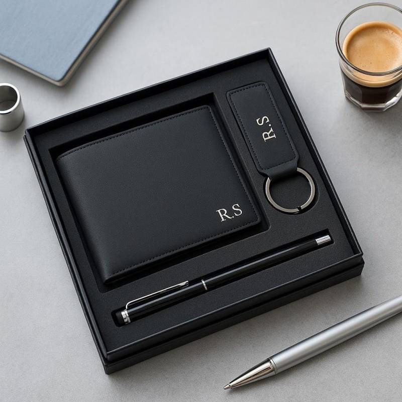 Personalisierte Leder Geldbörse Geschenkset Gravierte Initialen, Stift & Schlüsselanhänger von MelanoraStudio