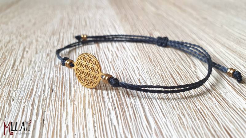 Dunkelgraues Armband Mit Goldener Lebensblume, Mandala Armband, Filigranes Vergoldeter Flower Of Life, Silberarmband von MelatiJewelryDesign