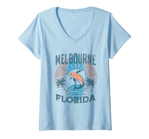 Damen Melbourne, Florida T-Shirt mit V-Ausschnitt von Melbourne Beach Florida Surfing Surf Ocean Vintage