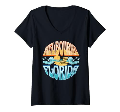 Damen Melbourne, Florida T-Shirt mit V-Ausschnitt von Melbourne Beach Florida Surfing Surf Ocean Vintage