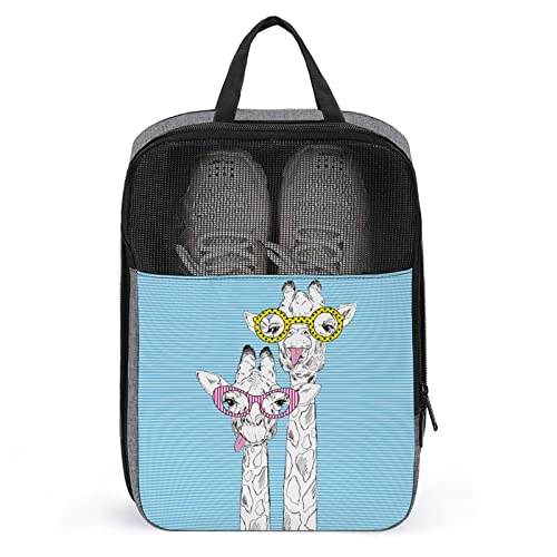 Cartoon-Giraffe mit Brille, gestreifte Schuhtaschen für Reisen, Schuhbeutel, wasserdicht, große Schuh-Aufbewahrungstasche für Männer und Frauen, Reisekoffer, Schuh-Organizer mit Reißverschluss und Ne von Melbrakin