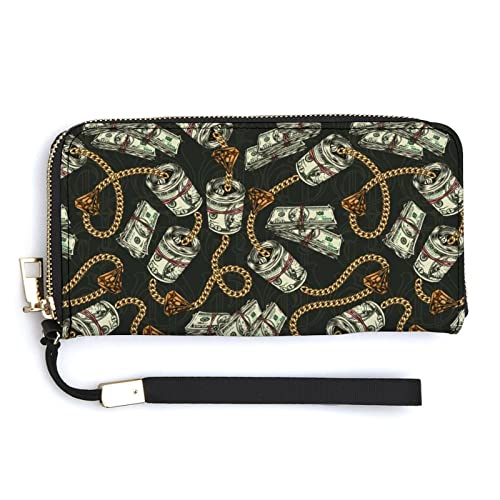 Damen-Armband-Geldbörse im Vintage-Stil mit Goldketten, Diamanten und US-Dollar, großes Fassungsvermögen, Geldbörsen für Damen, lange Clutch-Taschen, bedruckte PU-Handtasche mit Reißverschluss von Melbrakin
