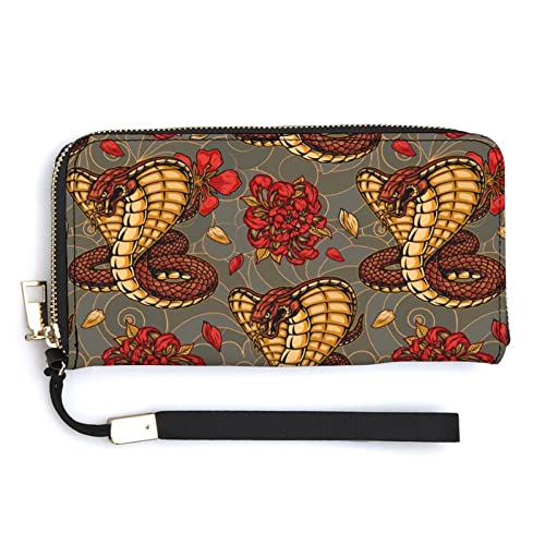 Damen-Handgelenk-Geldbörse im Vintage-Stil mit japanischen Schlangen- und Sakura-Blumen, großes Fassungsvermögen, Geldbörsen für Damen, lange Clutch-Taschen, bedruckte PU-Handtasche mit Reißverschlus von Melbrakin