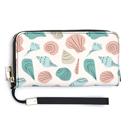 Damen-Handgelenk-Geldbörse mit Cartoon- und Muschel, großes Fassungsvermögen, Geldbörsen für Damen, Lange Clutch-Taschen, Bedruckte PU-Handtasche mit Reißverschluss von Melbrakin