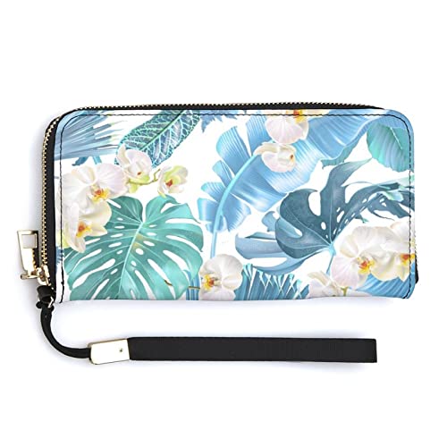 Damen-Handgelenk-Geldbörse mit exotischen blauen tropischen Blättern und weißen Blumen, große Kapazität, Geldbörsen für Damen, lange Clutch-Taschen, bedruckte PU-Handtasche mit Reißverschluss von Melbrakin