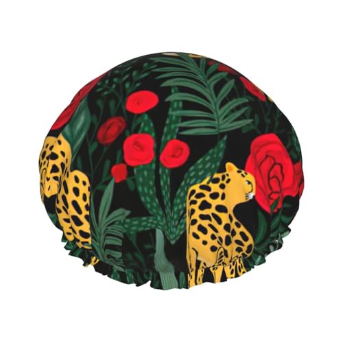 Duschhauben mit Leoparden- und Rosen-Print für Frauen, wiederverwendbare Duschhaube, Haarhaube für die Dusche, rutschfeste süße Duschhaube, Urlaubsgeschenk von Melbrakin