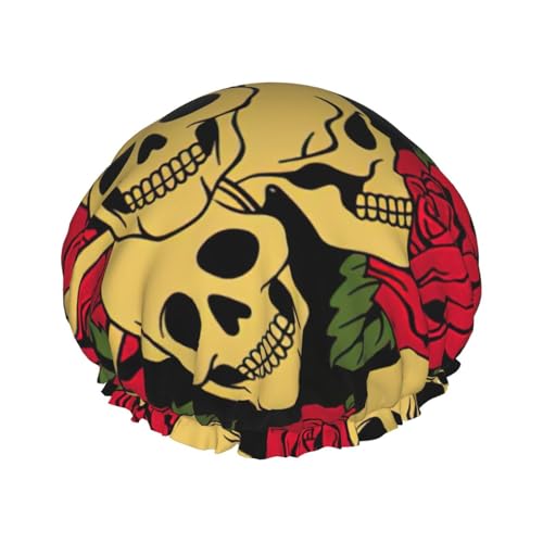 Duschhauben mit Rosen- und Totenkopf-Print für Frauen, wiederverwendbare Duschhaube, Haarhaube für die Dusche, rutschfeste süße Duschhaube, Urlaubsgeschenk von Melbrakin