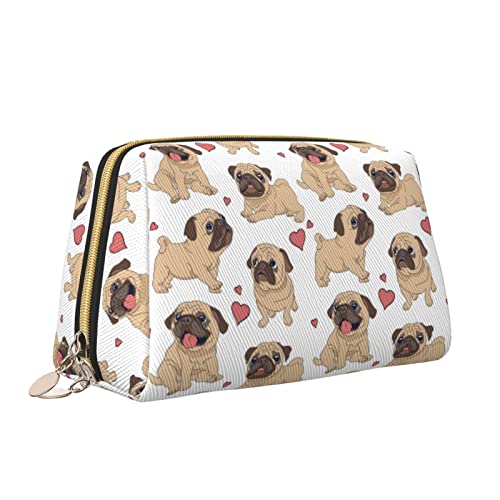 Elegante Damen-Reise-Kosmetiktasche aus Leder, Cartoon-Liebesherz-Mops-Welpen-Hund, wasserdichte Make-up-Tasche, Geldbörse, Kulturbeutel, Organizer-Etui mit Reißverschluss für Damen, Schmuck, Kosmeti von Melbrakin