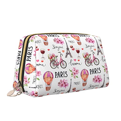 Elegante Damen-Reise-Kosmetiktasche aus Leder, Eiffelturm-Paris-Blumen-Fahrrad, wasserdichte Make-up-Tasche, Geldbörse, Kulturbeutel, Organizer-Etui mit Reißverschluss für Damen, Schmuck, Kosmetik, S von Melbrakin