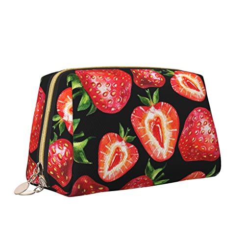 Elegante Damen-Reise-Kosmetiktasche aus Leder, Erdbeerfrucht-Rot-Schwarz, wasserdichte Make-up-Tasche, Geldbörse, Kulturbeutel, Organizer-Etui mit Reißverschluss für Damen, Schmuck, Kosmetik, S von Melbrakin
