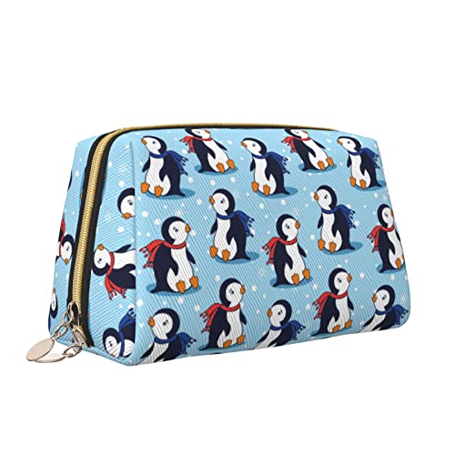 Elegante Damen-Reise-Kosmetiktasche aus Leder, Winter-Weihnachtspinguin, wasserdichte Make-up-Tasche, Geldbörse, Kulturbeutel, Organizer-Etui mit Reißverschluss für Damen, Schmuck, Kosmetik, S von Melbrakin