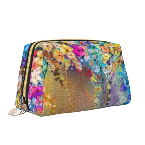 Elegante Damen-Reise-Kosmetiktasche aus Leder, abstrakte Aquarell-Blumen, wasserdichte Make-up-Tasche, Geldbörse, Kulturbeutel, Organizer-Etui mit Reißverschluss für Damen, Schmuck, Kosmetika, S von Melbrakin