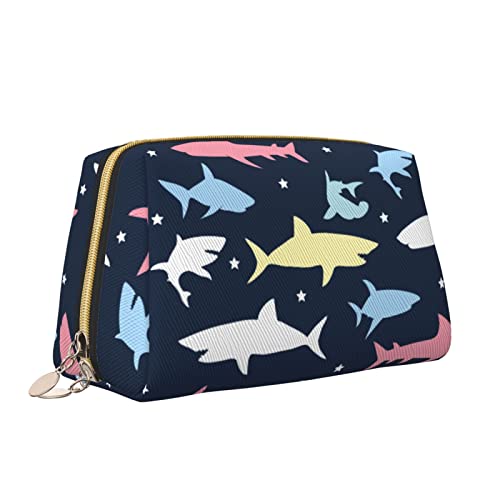 Elegante Damen-Reise-Kosmetiktasche aus Leder, buntes Hai-Hipster-Cartoon, wasserdichte Make-up-Tasche, Geldbörse, Kulturbeutel, Organizer-Etui mit Reißverschluss für Damen, Schmuck, Kosmetik, S von Melbrakin