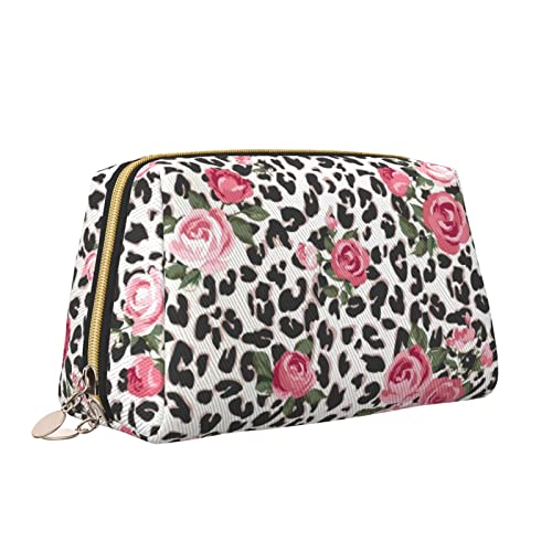 Elegante Damen-Reise-Kosmetiktasche aus Leder, rosa Rose, Blumen-Leoparden-Geparden-Druck, wasserdichte Make-up-Tasche, Geldbörse, Kulturbeutel, Organizer-Etui mit Reißverschluss für Damen, Schmuck, von Melbrakin