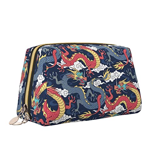 Elegante Reise-Kosmetiktasche aus Leder für Damen, Blaue und rote Drachen kämpfen in den Wolken, wasserdichte Make-up-Tasche, Geldbörse, Kulturbeutel, Organizer-Etui mit Reißverschluss für Damen, Sch von Melbrakin